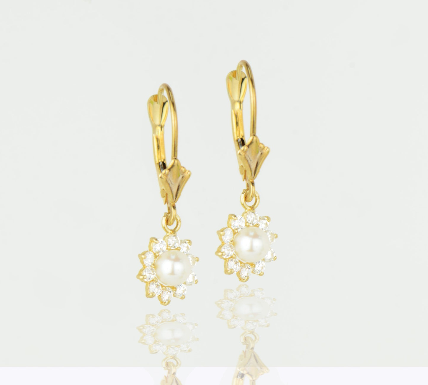 14k Yellow Gold White Freshwater Pearl Flower CZ Dangle Earrings