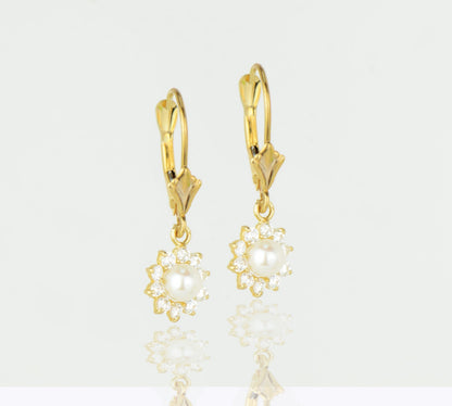 14k Yellow Gold White Freshwater Pearl Flower CZ Dangle Earrings