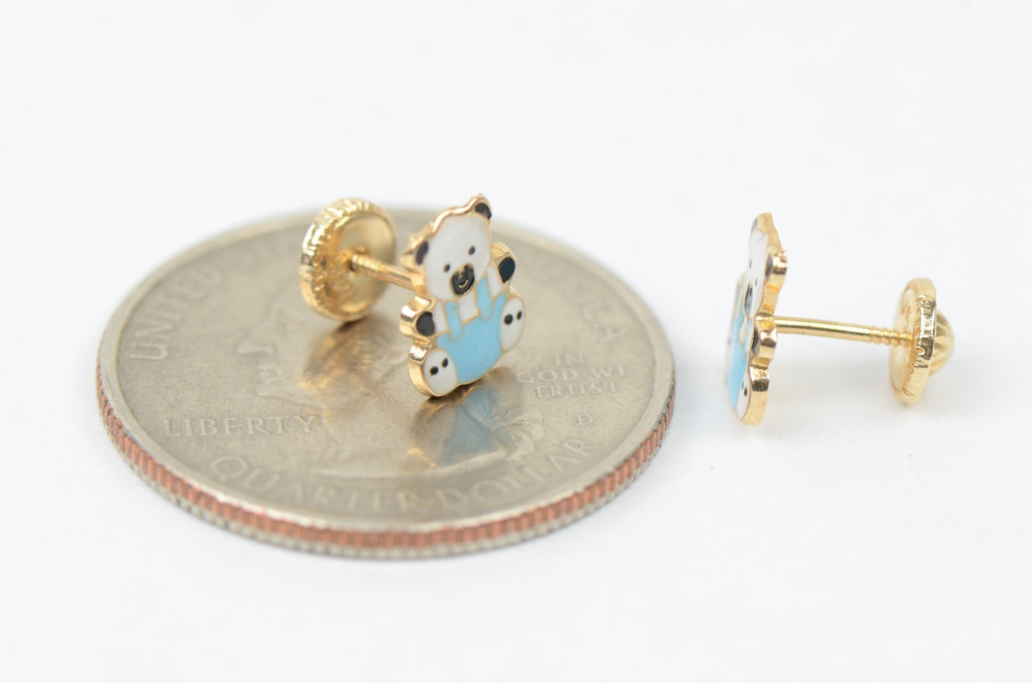 14k Yellow Gold Baby Enamel Panda Earrings, Screw Back