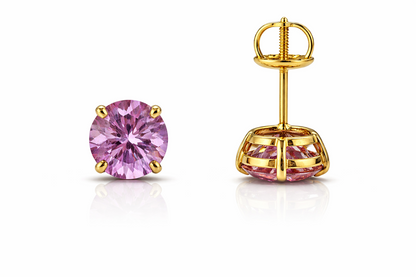 14K Gold GRA Certified D-VVS1 Round Pink Moissanite Screw Back Studs Earrings