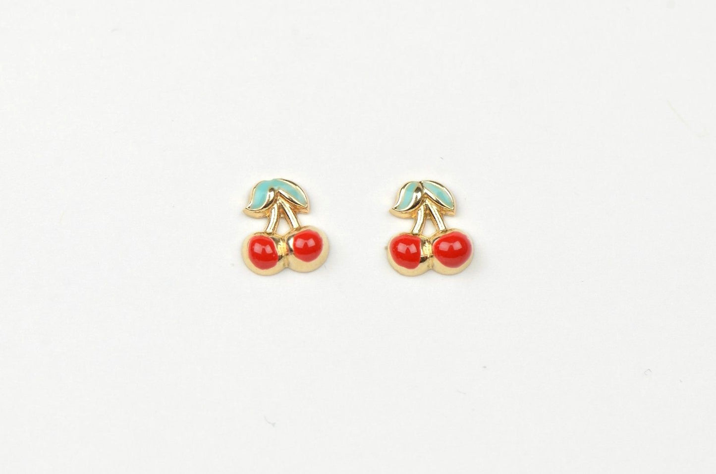 14k Yellow Gold Red and Green Enamel Cherry Baby Earrings, Screw Back