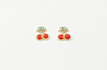 14k Yellow Gold Red and Green Enamel Cherry Baby Earrings, Screw Back