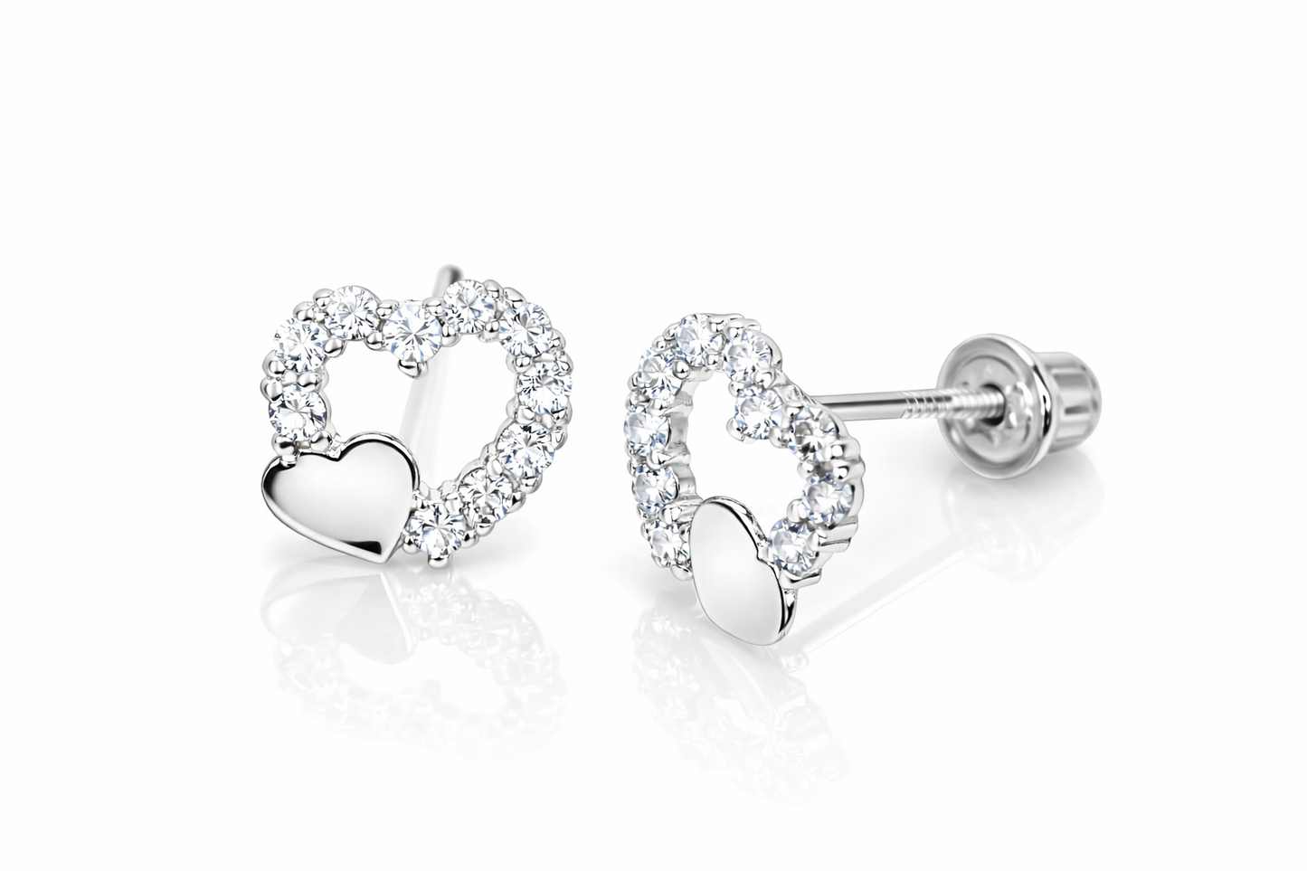 14K Yellow or White Gold Double Heart Stud Earrings with CZ  (Cubic Zirconia)