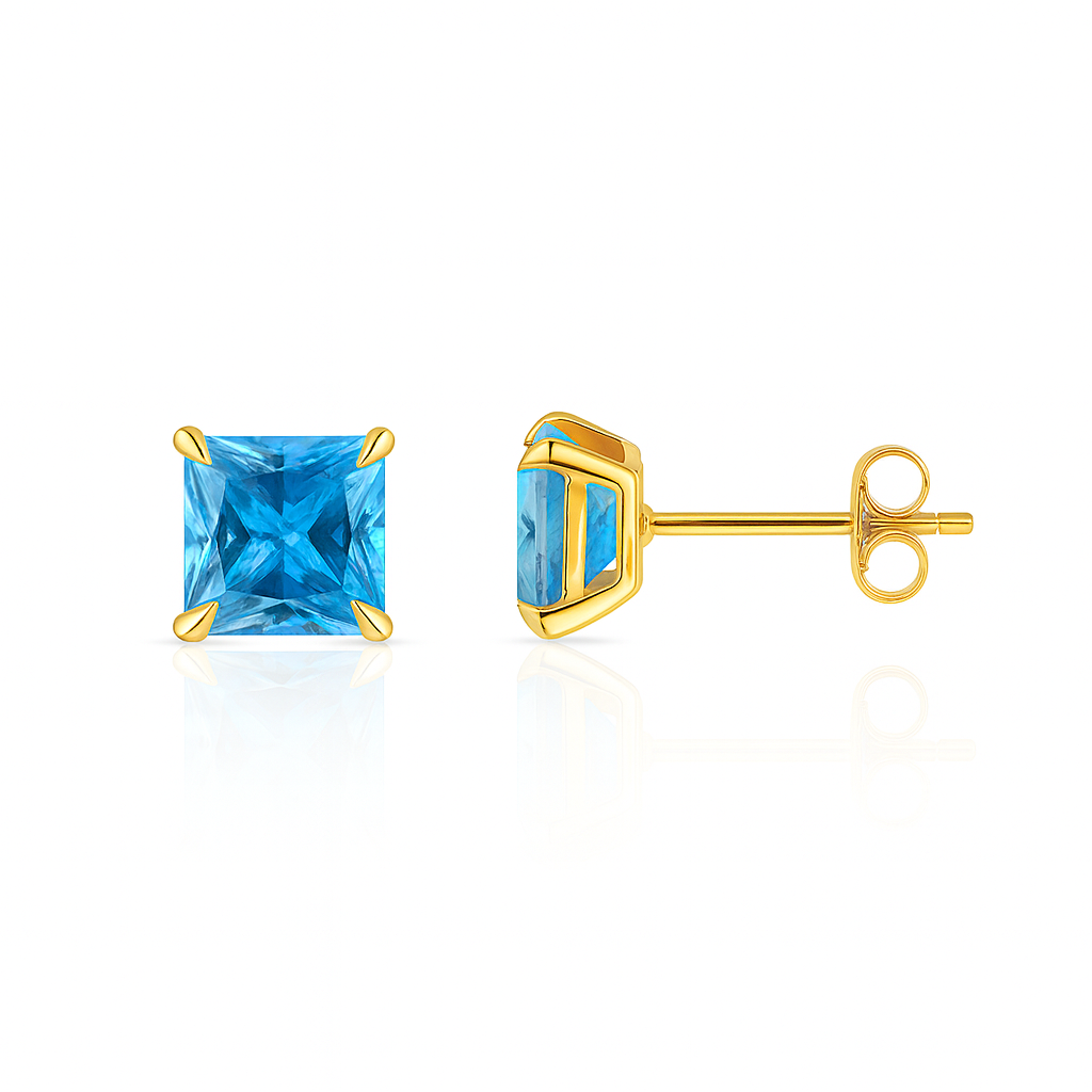 14k Yellow Gold Solid Square Princess Cut Birthstone 6MM CZ Stud Earrings