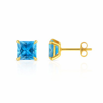 14k Yellow Gold Solid Square Princess Cut Birthstone 6MM CZ Stud Earrings