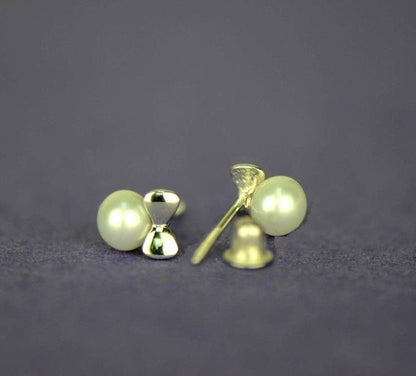 14K Yellow and White Gold Bow Tie Freshwater Pearl CZ Stud Earring