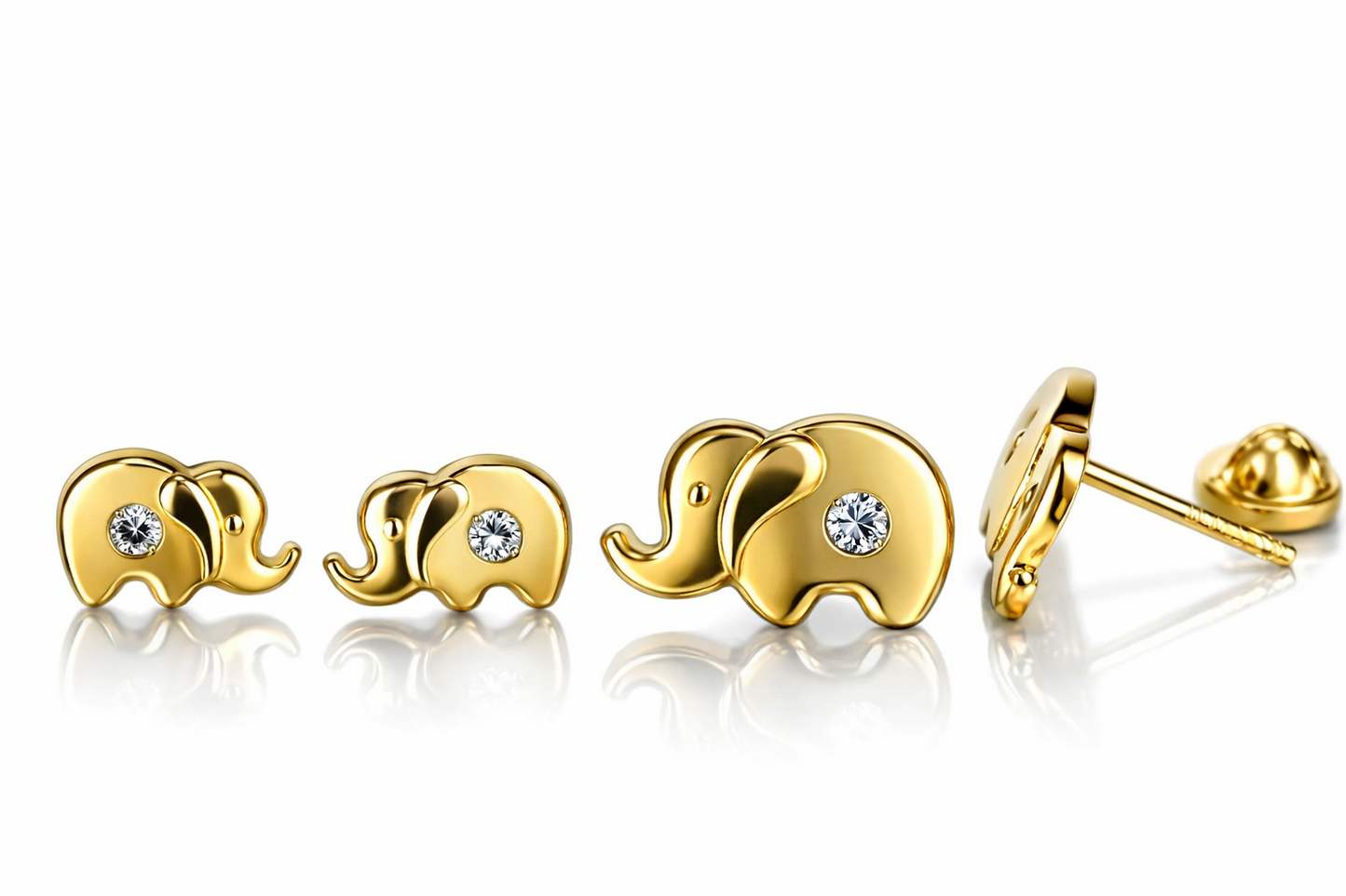14k Solid Yellow Gold Elephant CZ Stud Earring with Screw Back