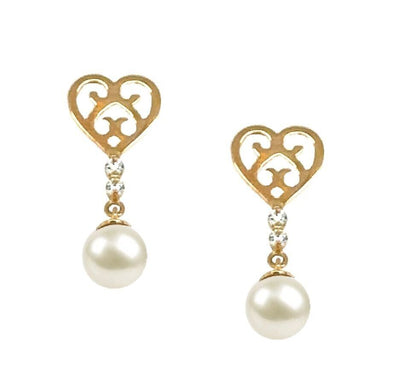 14K Gold Dangle Earrings With Genuine Freshwater Cultured Pearl 5mm Screw Back