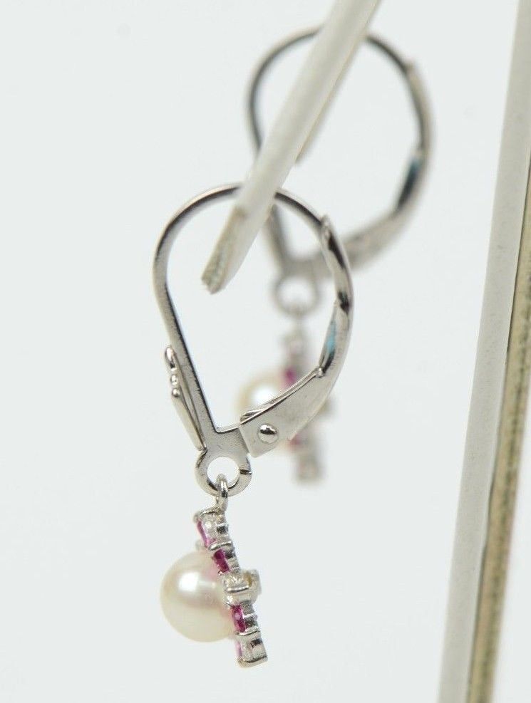 Sterling Silver 925 White Pearl Flower CZ Dangle Earrings