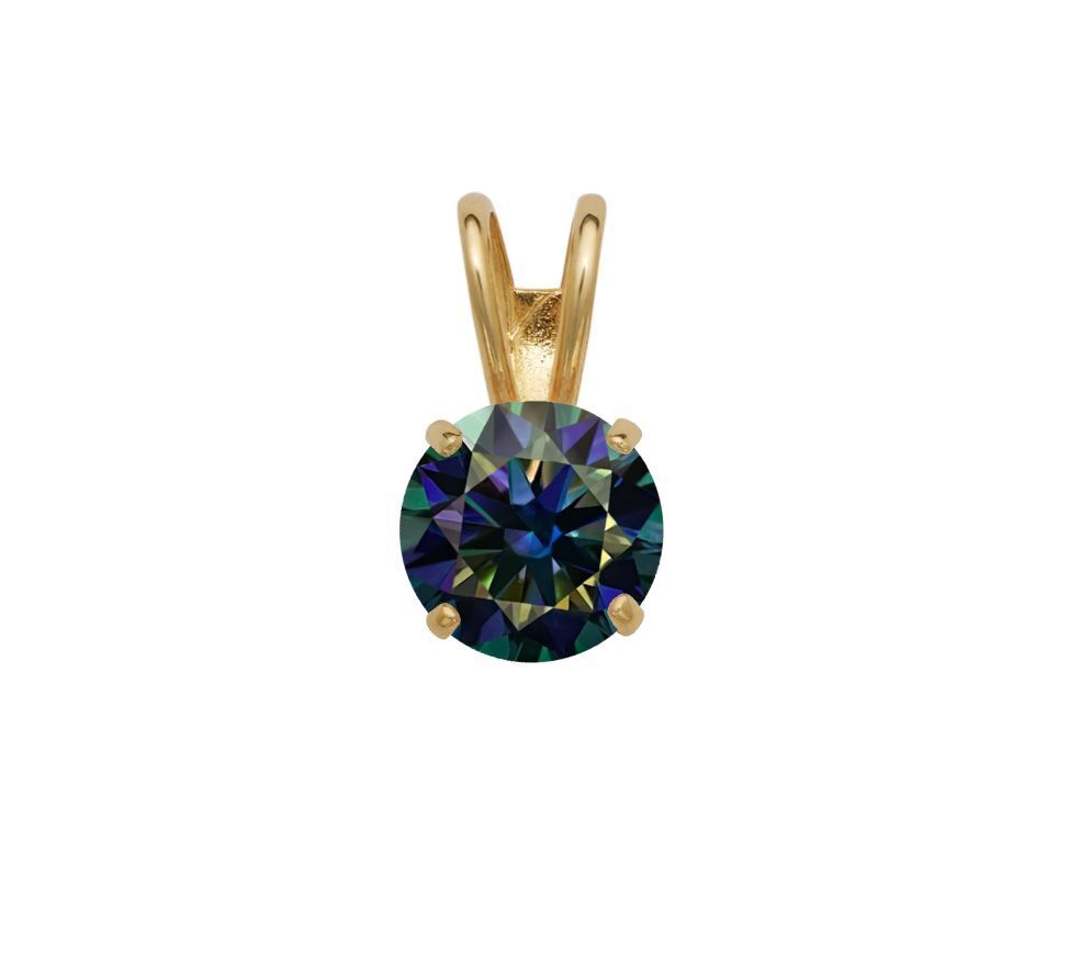 14K Gold GRA Certified D-VVS1 Round Rainbow Blue Moissanite Pendant