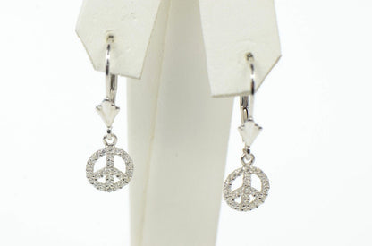 Vintage Dangling Sterling Silver Peace Sign Earrings with CZ