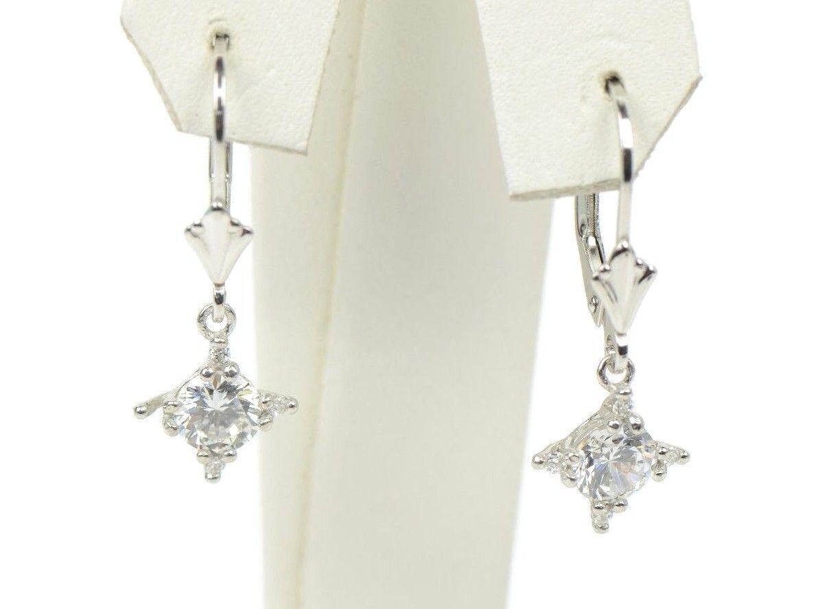 Square CZ Stone Leverback Sterling Silver Dangle Earrings