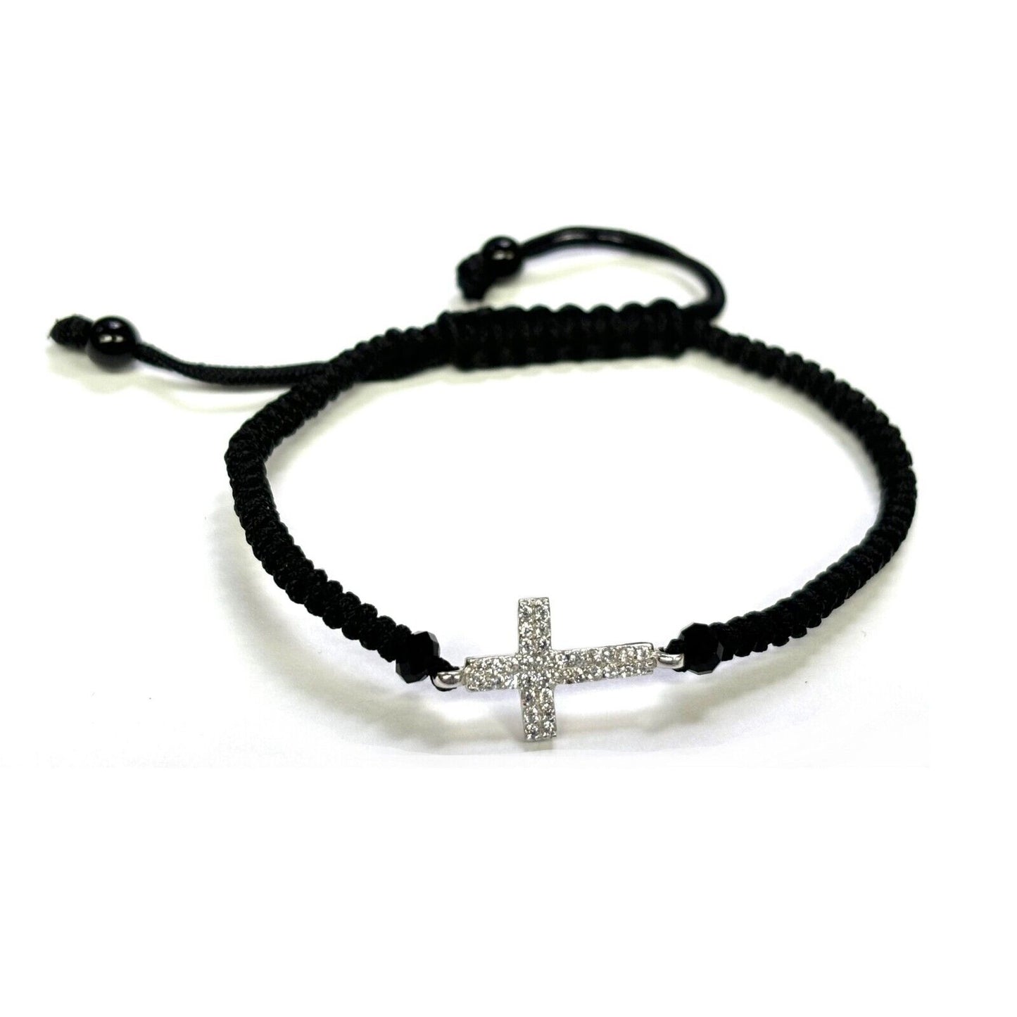 925 Sterling Silver String CZ Bracelet Cross 6" Adjustable to 11"