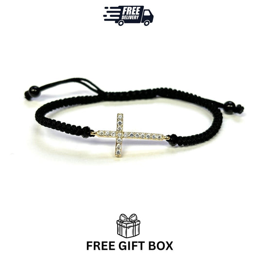 925 Sterling Silver String CZ Bracelet Cross 6" Adjustable to 11"