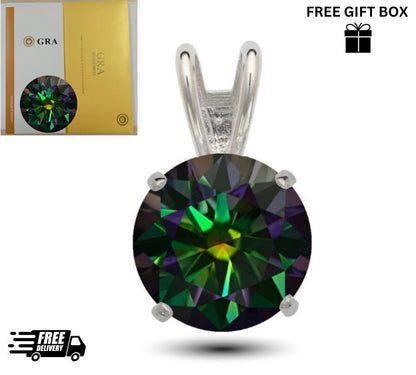 14K Gold GRA Certified D-VVS1 Round Rainbow Green Moissanite Pendant