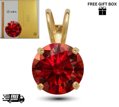 14K Gold GRA Certified D-VVS1 Round Garnet Moissanite Pendant