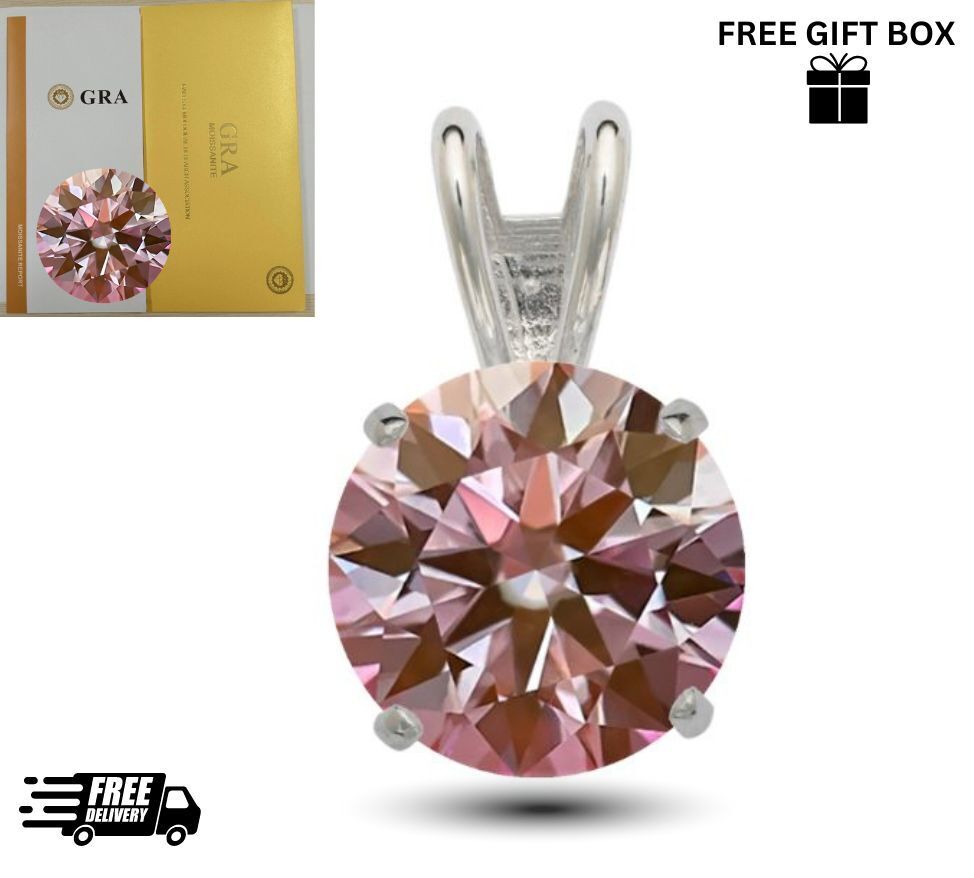 14K Gold GRA Certified D-VVS1 Round Pink Moissanite Pendant