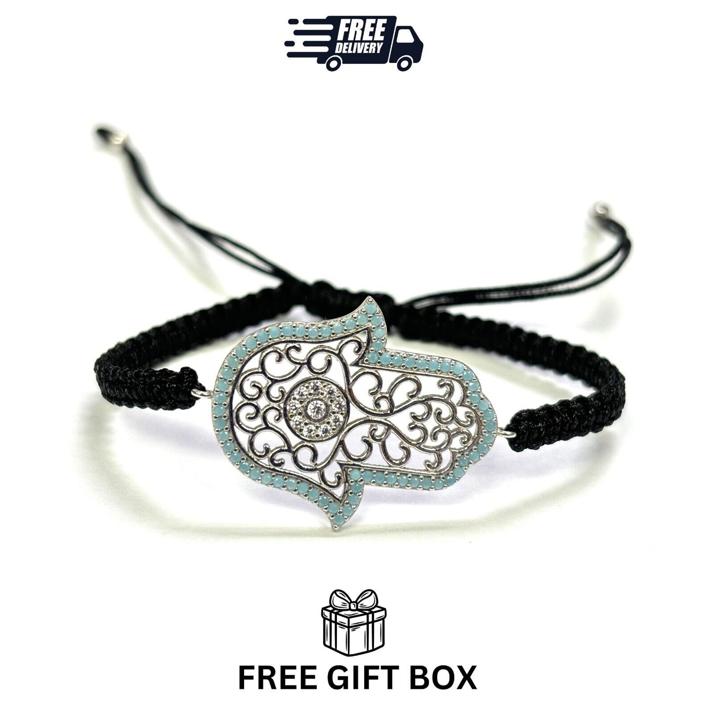 925 Sterling Silver  C Z Hamsa Bracelet 6" Adjustable to 11"