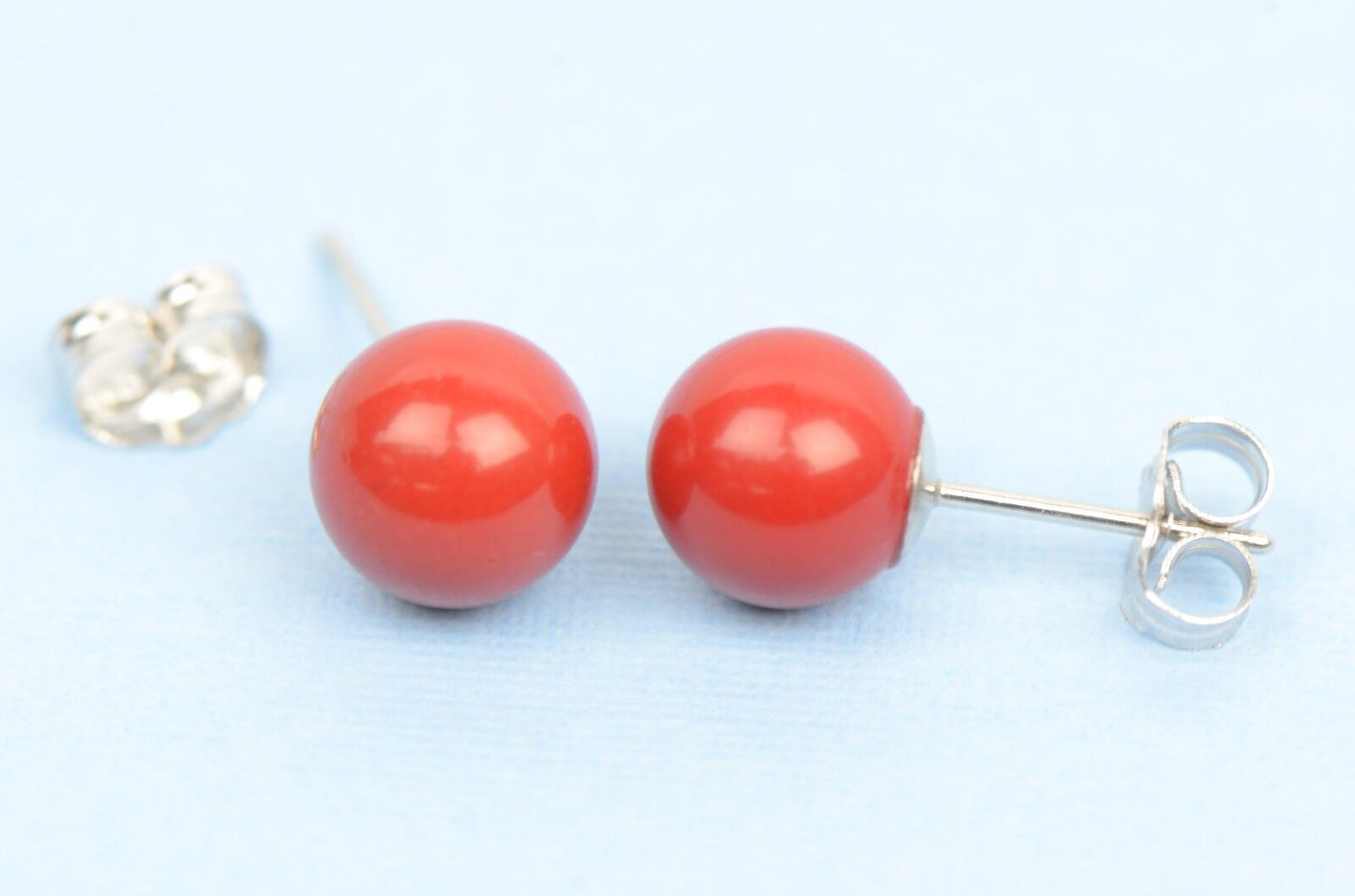 Sterling Silver 925 Red Round Coral Stud Earrings 4-8mm with Push Back