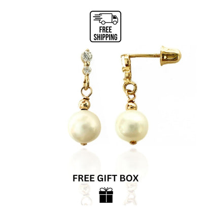 14K Gold Dangle Earrings With Genuine Freshwater Cultured Pearl 5mm Screw Back