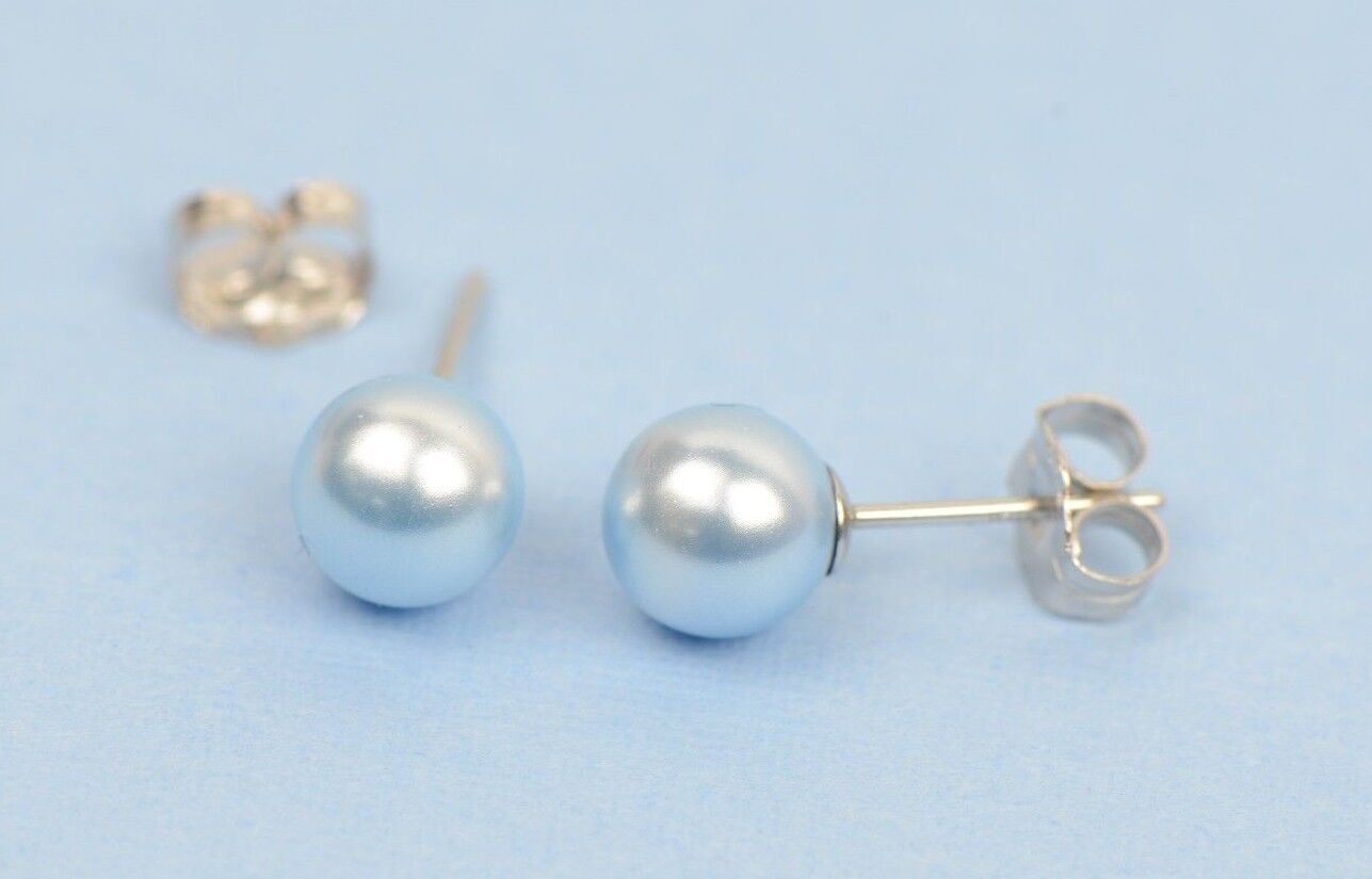 Swarovski blue Pearl Stud Earrings Crystal 925 Sterling Silver