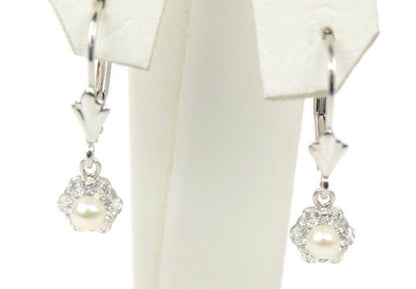 Sterling Silver 925 White Pearl Flower CZ Dangle Earrings