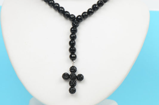 Mens Genuine Black Onyx Cross Rosary Necklace