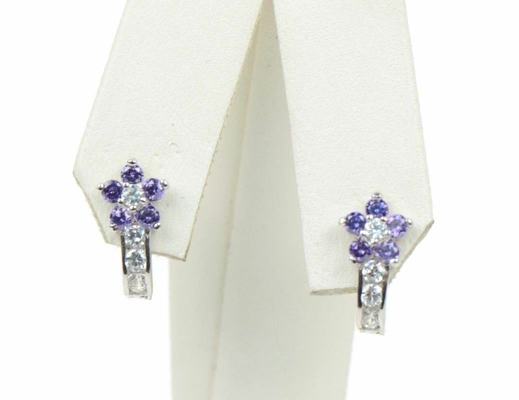 Sterling Silver 925 CZ Flower Leverback Earrings with 12 month Birthstone