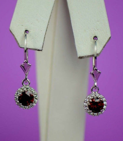 Sterling Silver 925  Halo Dangle Round Leverback Pierced Earrings Birthstone