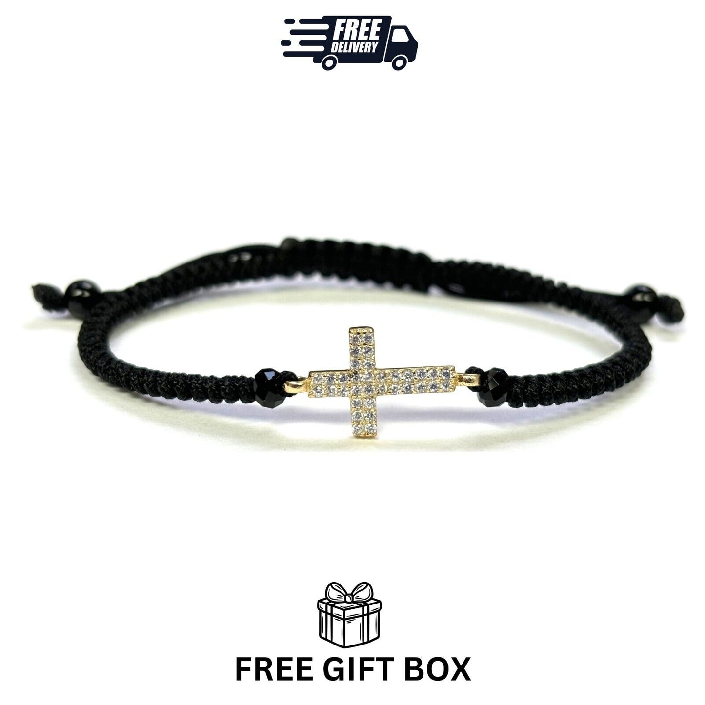 925 Sterling Silver String CZ Bracelet Cross 6" Adjustable to 11"