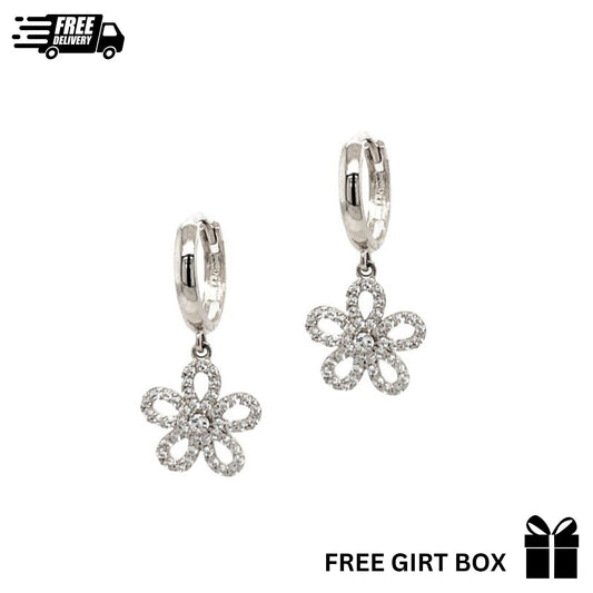 Sterling Silver Flower Dangle Hoop Huggie Earrings