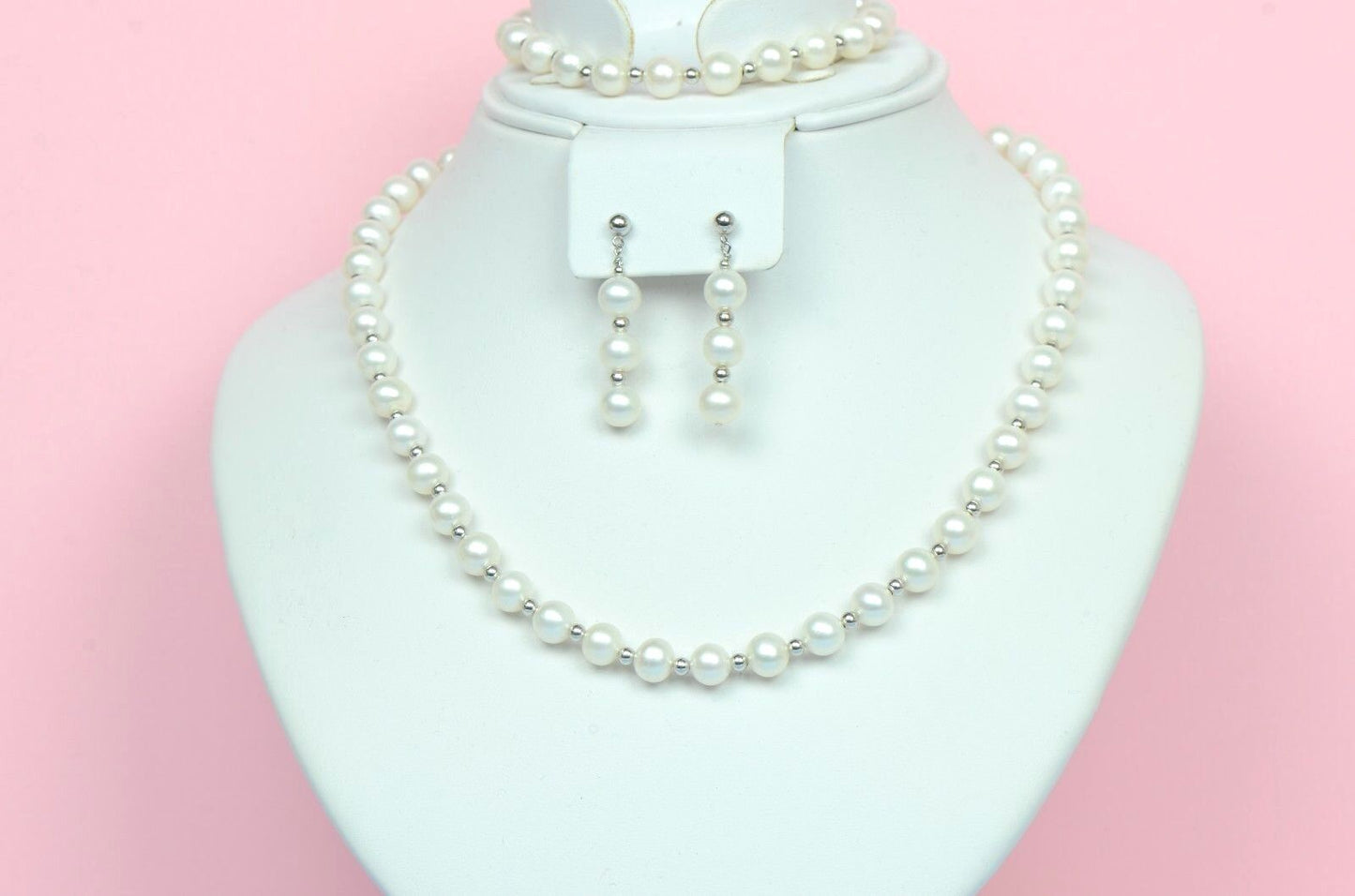 14K White Gold Natural White genuine Pearl Necklace, Bracelet, Earrings Set