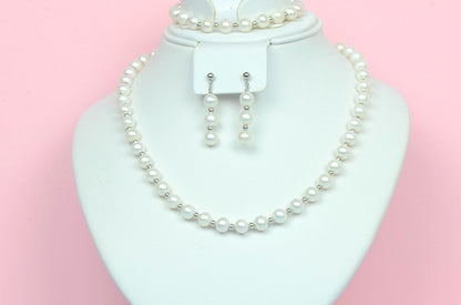 14K White Gold Natural White genuine Pearl Necklace, Bracelet, Earrings Set