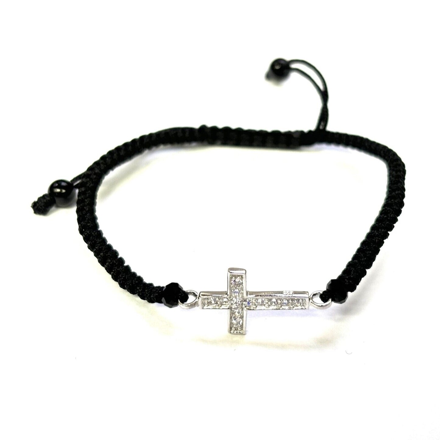 925 Sterling Silver String CZ Bracelet Cross 6" Adjustable to 11"