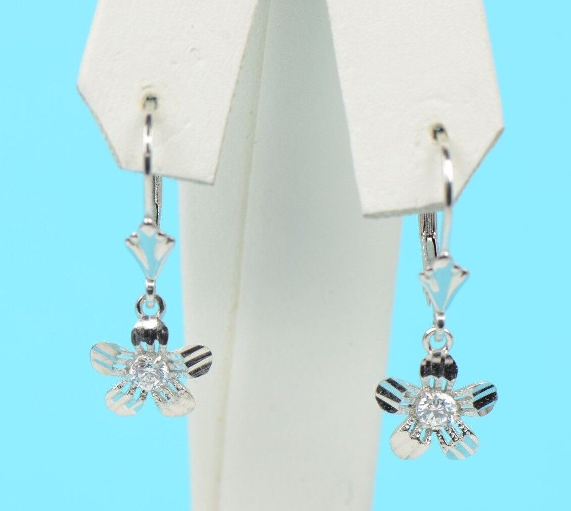 silver sterling earrings flower dangle cz 925 cubic zirconia dangling