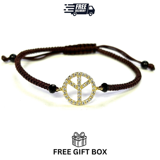 925 Sterling Silver String CZ Bracelet Peace Sign 6" Adjustable to 11"