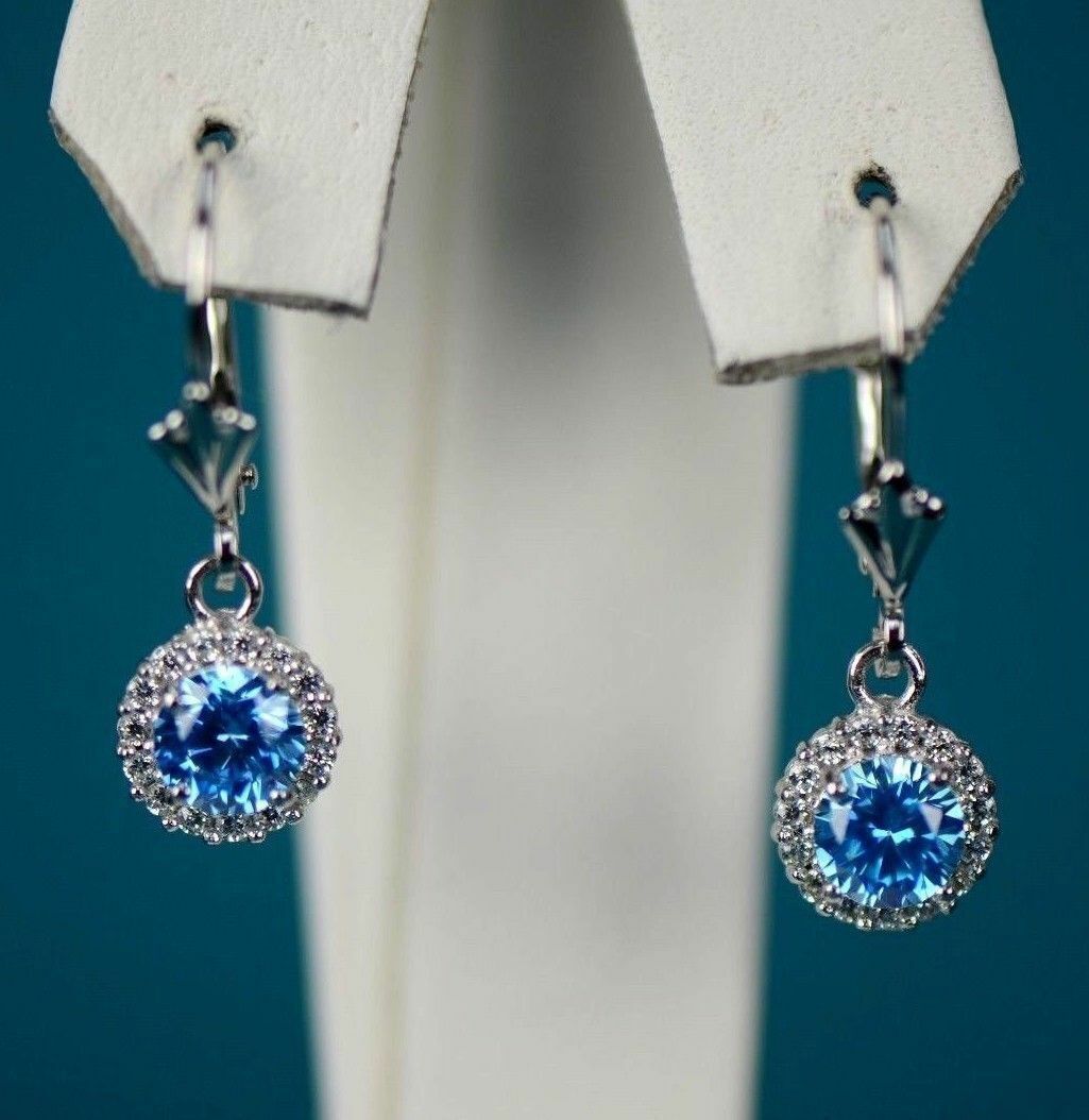 Sterling Silver 925  Halo Dangle Round Leverback Pierced Earrings Birthstone