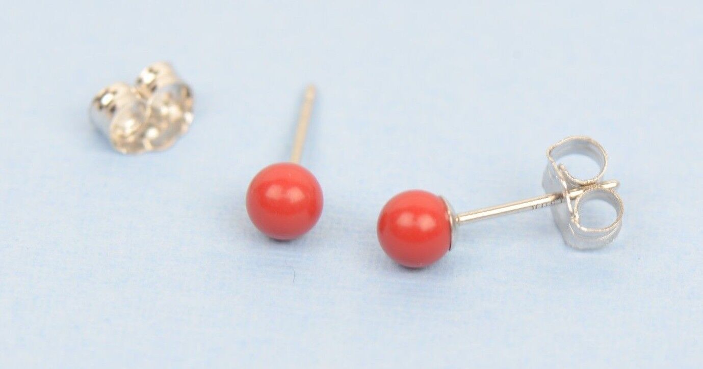 Sterling Silver 925 Red Round Coral Stud Earrings 4-8mm with Push Back