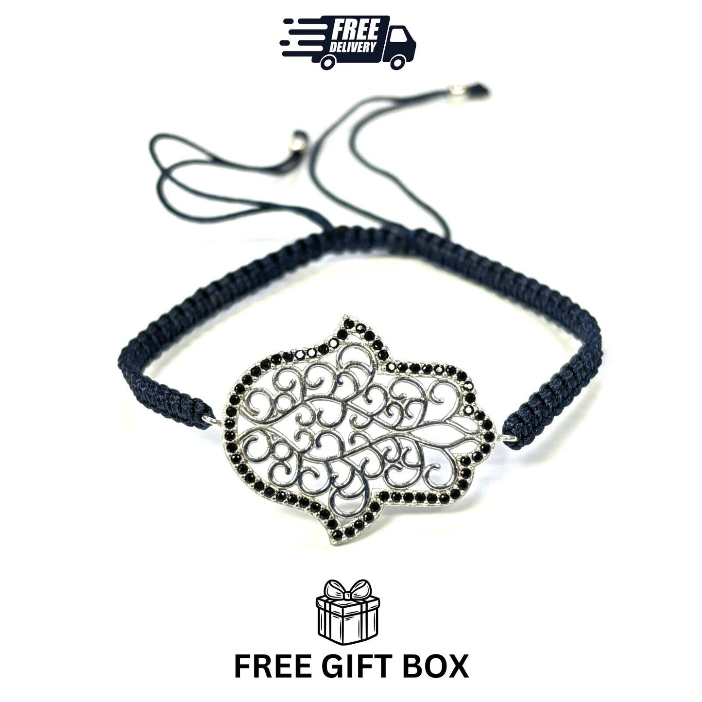 925 Sterling Silver  C Z Hamsa Bracelet 6" Adjustable to 11"