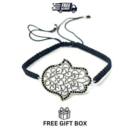 925 Sterling Silver  C Z Hamsa Bracelet 6" Adjustable to 11"