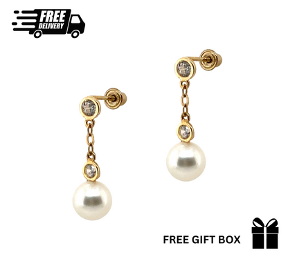 14K Gold Dangle Earrings With Genuine Freshwater Cultured Pearl 6mm Screw Back