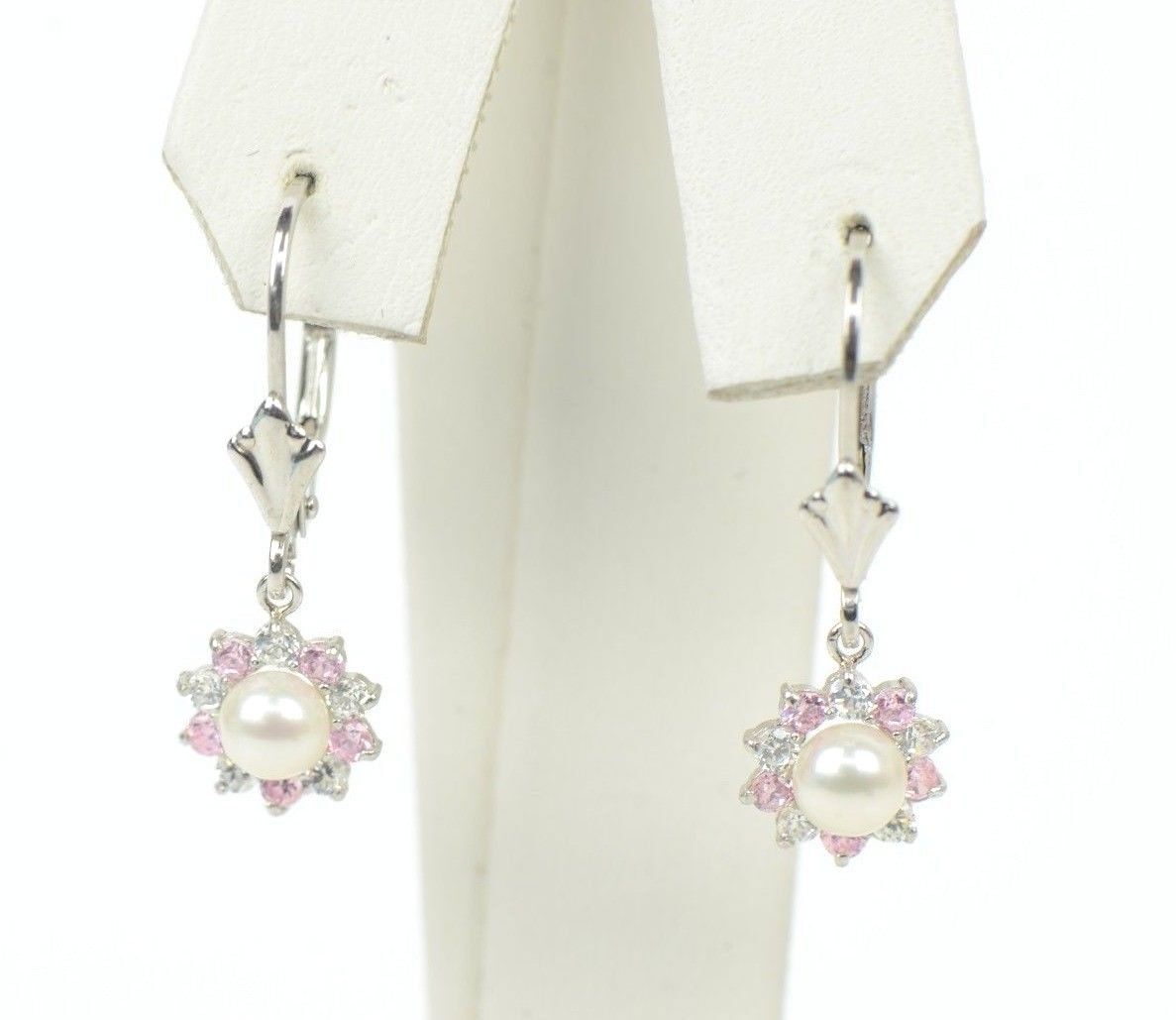 Sterling Silver 925 White Pearl Flower CZ Dangle Earrings