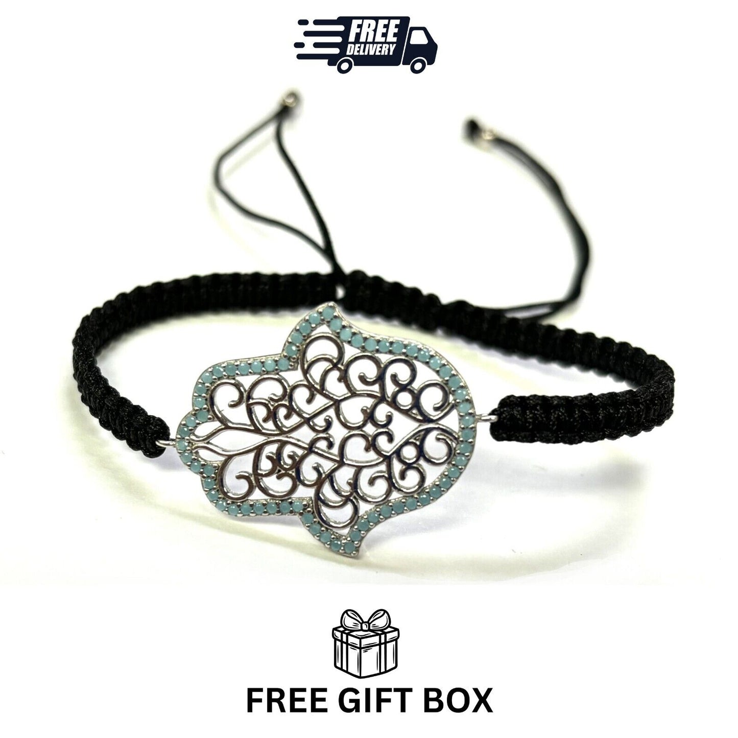 925 Sterling Silver  C Z Hamsa Bracelet 6" Adjustable to 11"