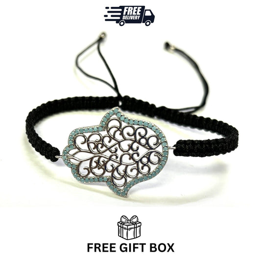 925 Sterling Silver  C Z Hamsa Bracelet 6" Adjustable to 11"