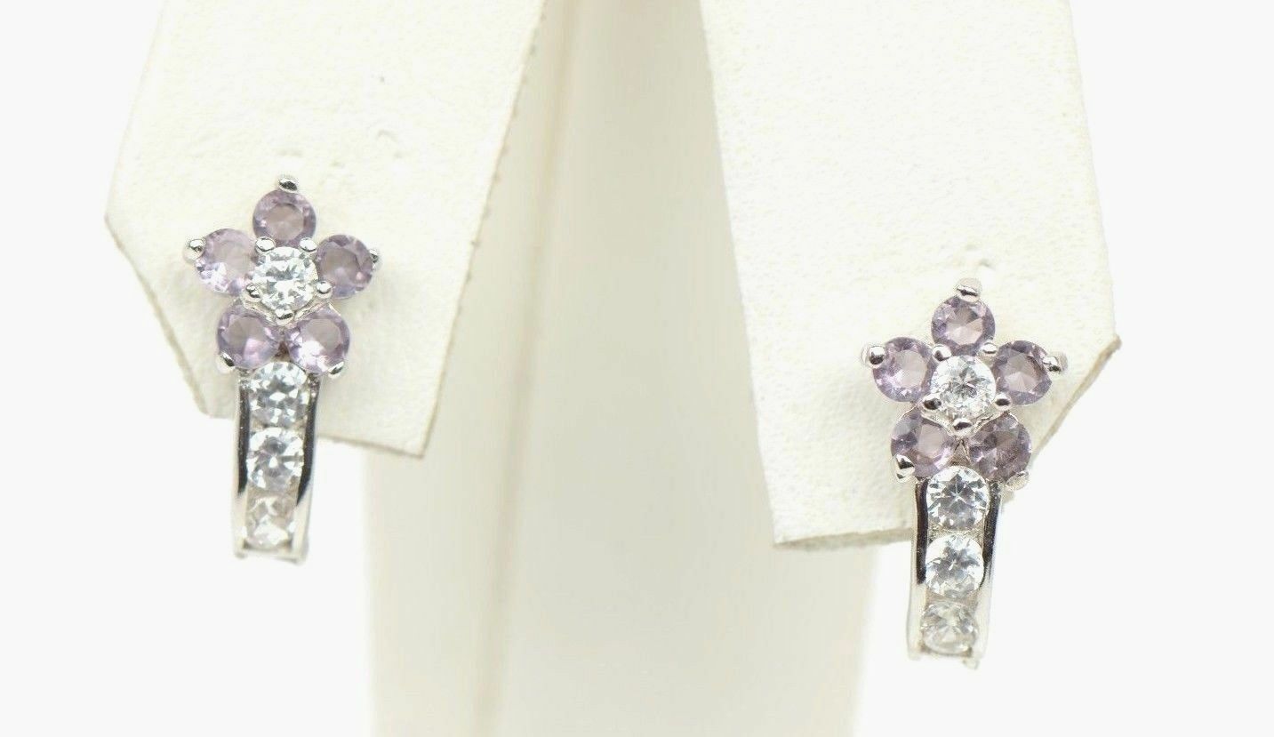 Sterling Silver 925 CZ Flower Leverback Earrings with 12 month Birthstone