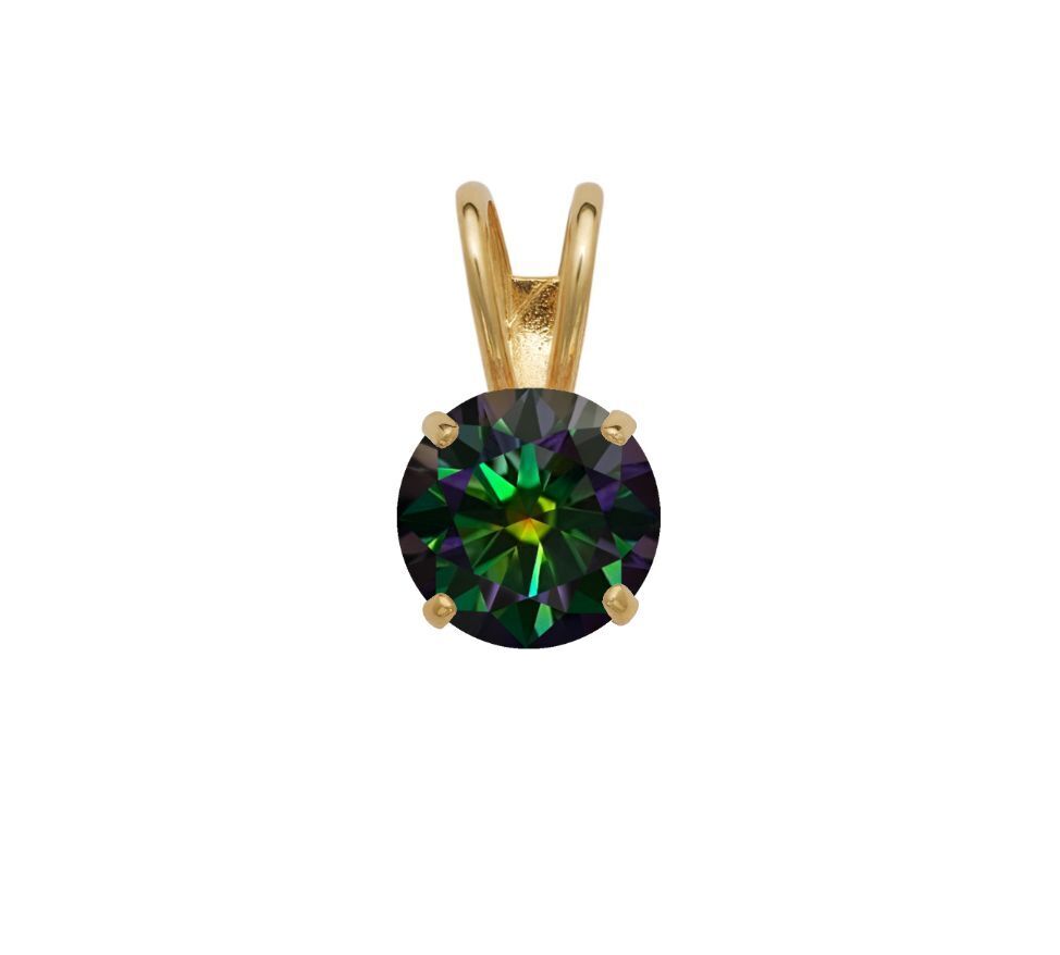 14K Gold GRA Certified D-VVS1 Round Rainbow Green Moissanite Pendant