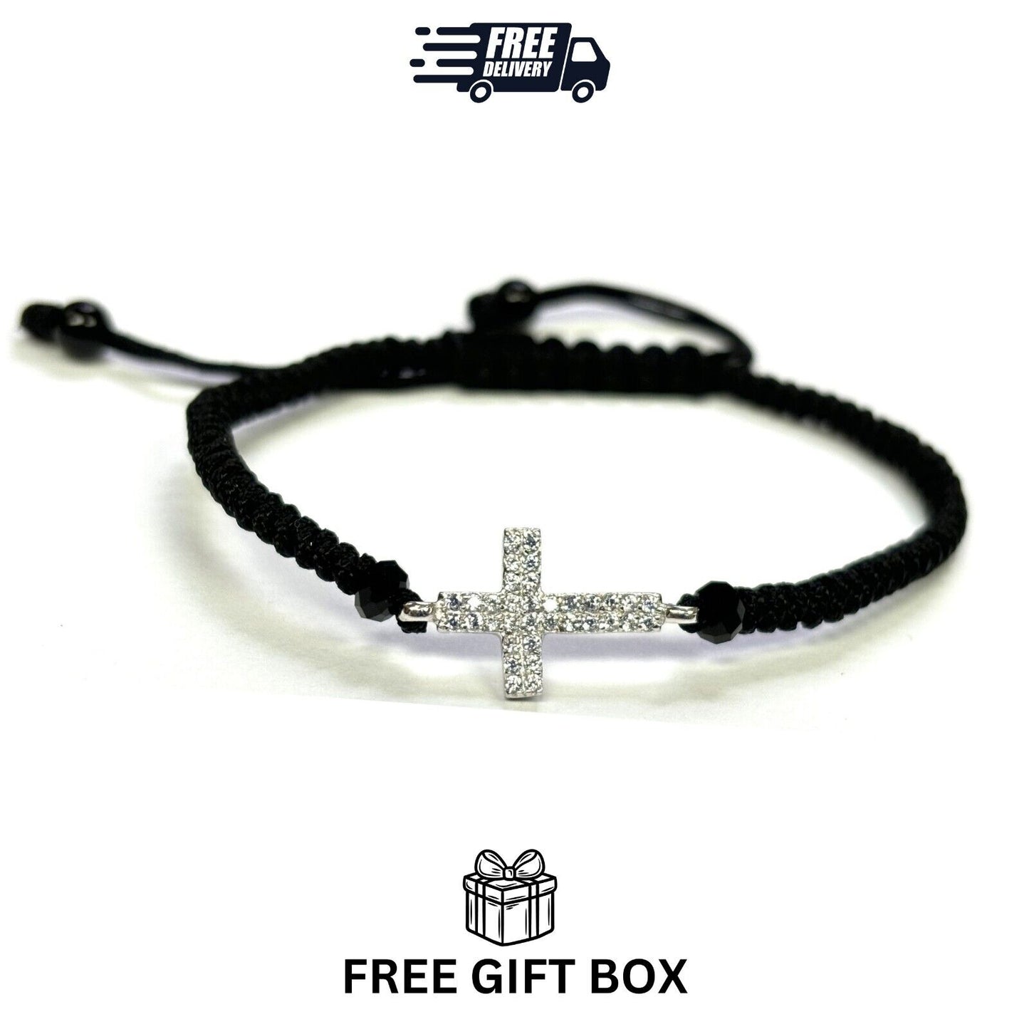 925 Sterling Silver String CZ Bracelet Cross 6" Adjustable to 11"