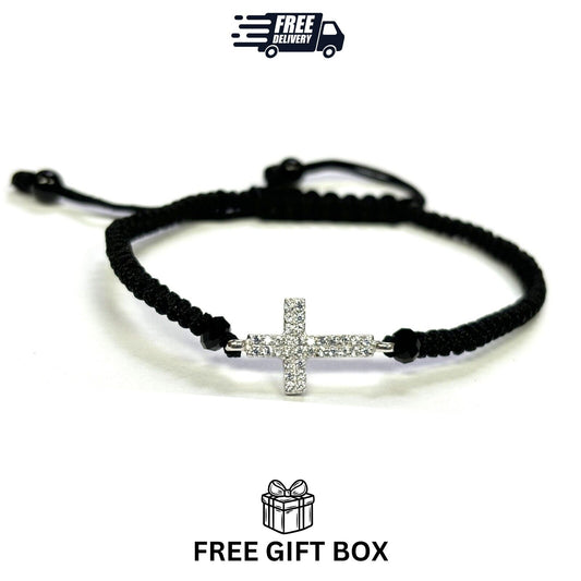 925 Sterling Silver String CZ Bracelet Cross 6" Adjustable to 11"