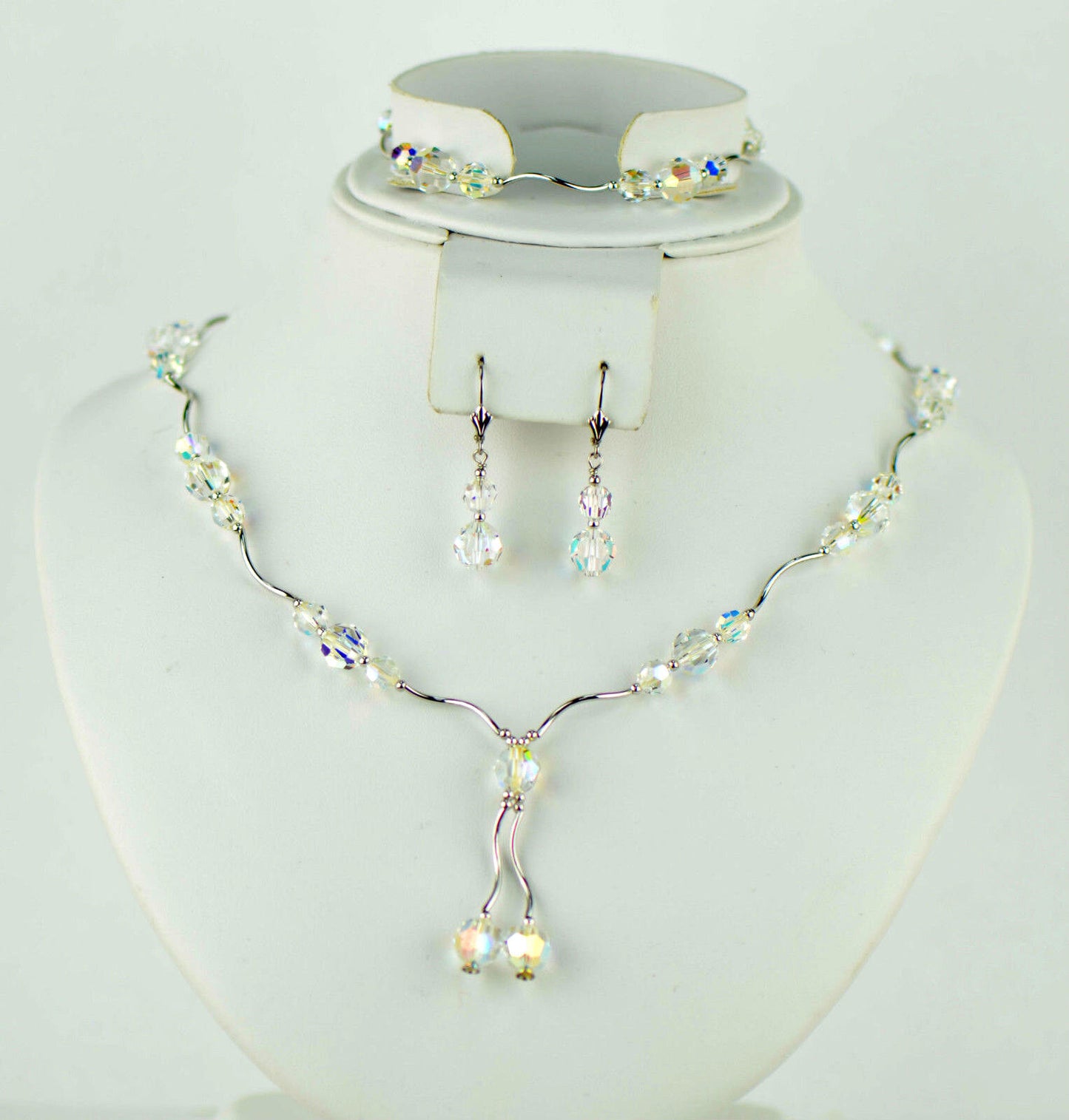 Sterling Silver Crystal Jewelry 3 Pc Set Bracelet, Earrings and Necklace 925