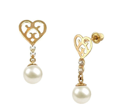 14K Gold Dangle Earrings With Genuine Freshwater Cultured Pearl 5mm Screw Back